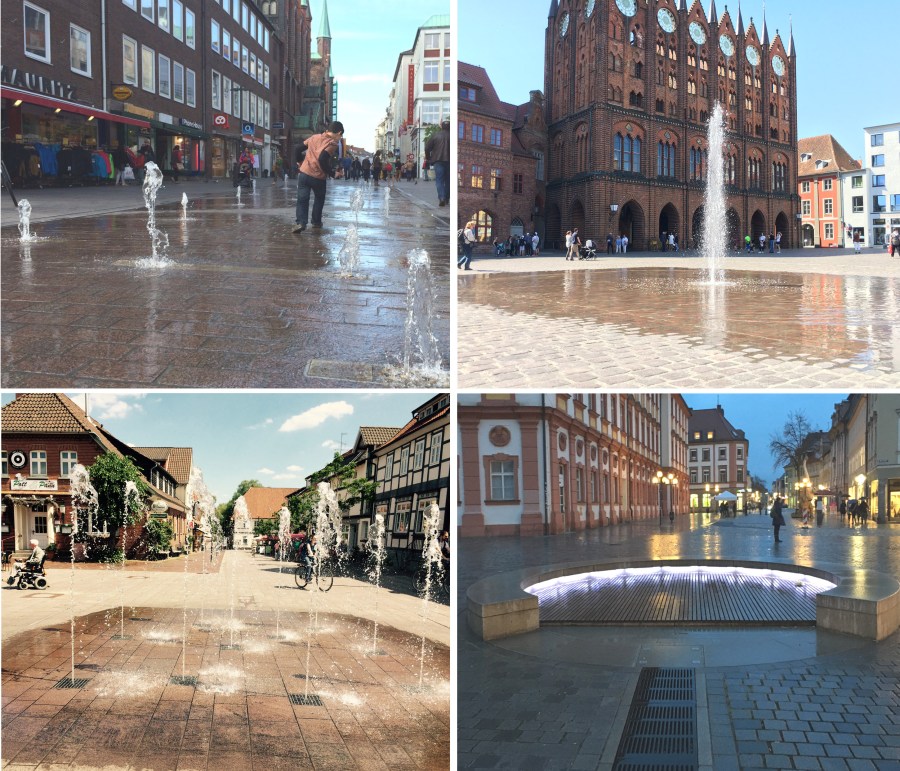 Wasserspiele im Urzeigersinn: Fußgängerzone Lübeck, Rathaus Stralsund, Fußgängerzone Bad Bevensen, Fußgängerzone vorm Schloss in Bayreuth.