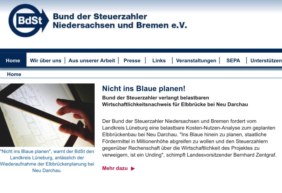 Unter der Headline „Nicht ins Blaue planen!“ steht die Kritik des Bundes der Steuerzahler auf der Homepage.