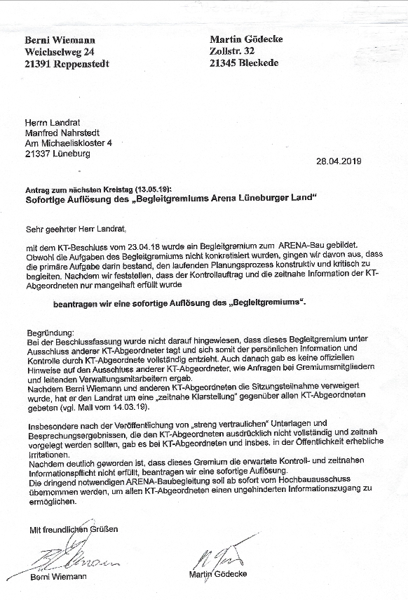 Antrag Wiemann/Gödecke „Auflösung Begleitgremium Arena“